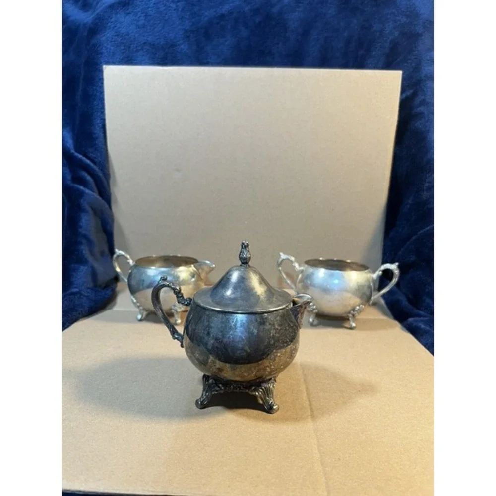 Silver silverplate Footed sugar and creamer vintage Double Handle (set‎ of 3)